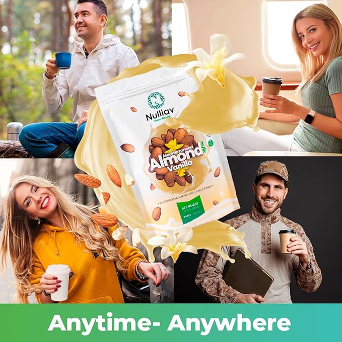 NULLIAV | Almond Milk Powder Vanilla - High Protein Blend with Prebiotic Fiber powder For Gut Health and Digestion - Vegan Plant Based Dairy Free Formula For Lactose Intolerance - 7.75oz Bag Portable Convenient