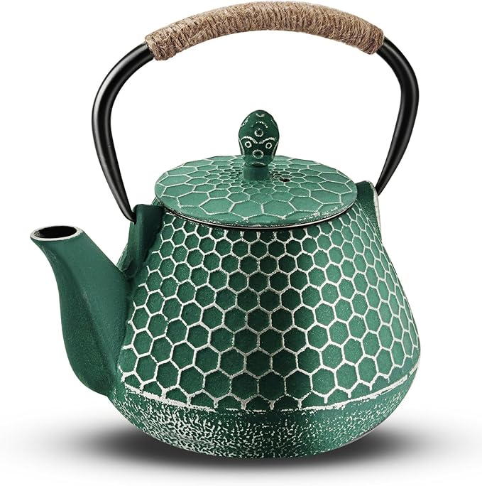 Cast Iron Tea Pot - Honeycomb Pattern Tea Kettle with Tea Leaf Infuser,Stovetop Tea Kettle Coated with Enameled Interior,Suitable for Brewing Loose Leaf Tea (green)