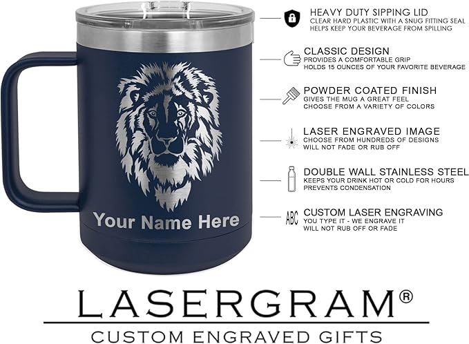 LaserGram 15oz Vacuum Insulated Coffee Mug, Sushi, Personalized Engraving Included (Navy Blue)