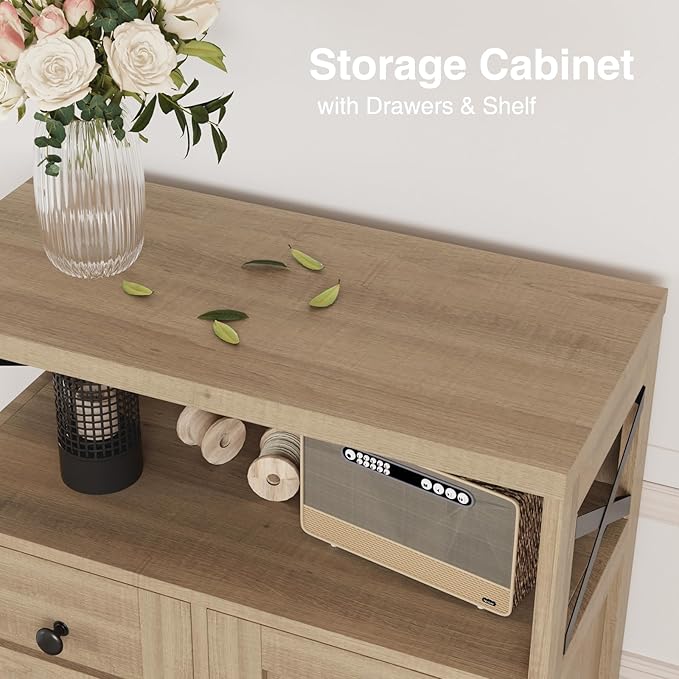 Natural Wood Storage Cabinet with Drawers and Shelves, Standing Kitchen Pantry Cabinet, Floor Storage Cabinet Hutch Cupboard, Coffee Bar Station for Dining Living Room Home Office