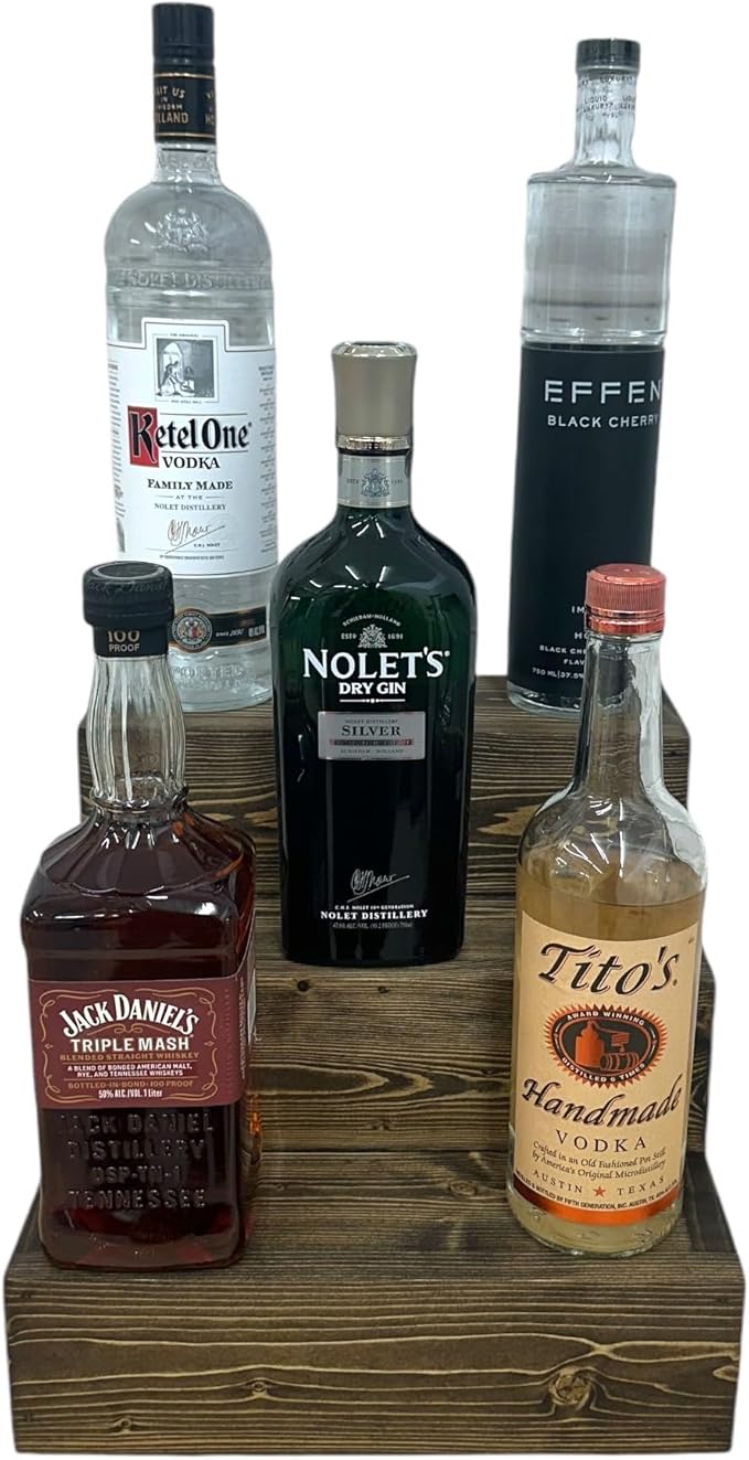 Handmade Tiered Display Shelving - Three Tier Bar Display - Bar Organizer - Liquor Bottle Display (12" with Back, Special Walnut)