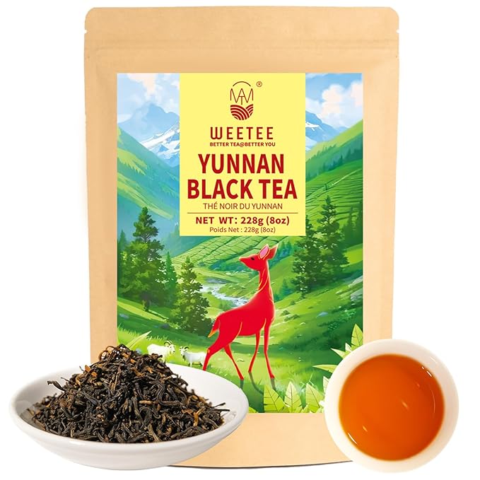 WT WEETEE Yunnan Black Tea Loose Leaf 228g, 110+ Servings Chinese Dianhong Loose Tea, Honey Aroma, Full Bodied, Mellow & Smooth, Energizing & Caffeinated