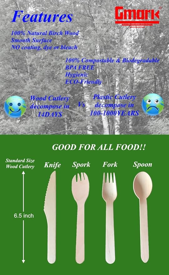 Gmark Disposable Wooden Spoons Paper Wrapped | Pack of 100-6.5" Spoons | 100% All-Natural, Eco-Friendly, Biodegradable, and Compostable 100 ct Individually Wrapped in Box GM1024