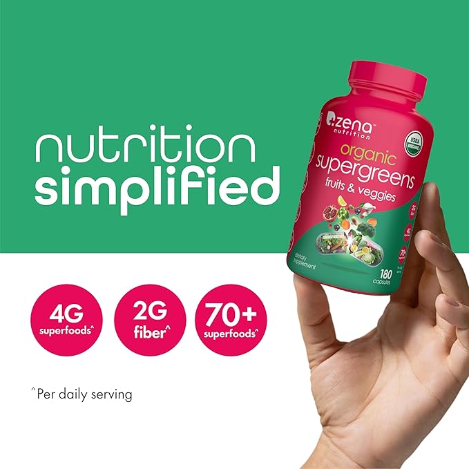 Zena Nutrition Organic Super Greens Fruit & Veggies Supplement, 70+ Superfoods from Fruit & Vegetables, Spirulina, Chlorella, Prebiotics & Probiotics, Digestive Enzymes for Gut Health, 180 Capsules