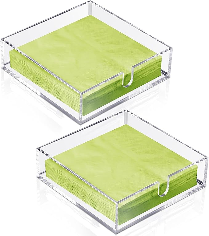 Acrylic Cocktail Napkin Holder for Table, Clear Beverage Napkin Holder Square Rectangle for Dinner, Kitchen, Bathroom, Restaurant, Bar (2 Pieces, 7 x 7 Inch)