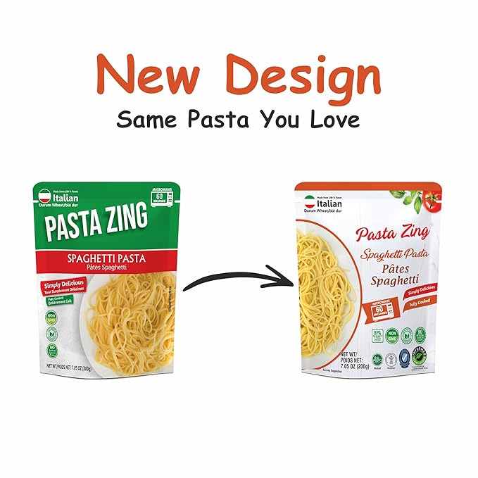 Pasta Zing Fully Cooked Spaghetti Pasta, Ready to Eat in 1 Minute, 14g Protein per Pack, Al Dente Bite, Shelf-Stable Italian Durum Wheat Pasta, BPA-Free Pouch, 7.05 oz Pack of 7