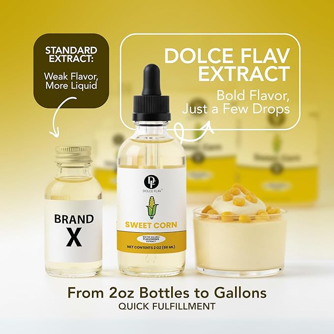 Dolce Flav Natural Sweet Corn Extract – 2 Ounce Water-Soluble Kosher, Sugar-Free, Concentrated Savory-Sweet Corn Flavor for Baking, Cornbread & Ice Cream, Includes Measured Dropper