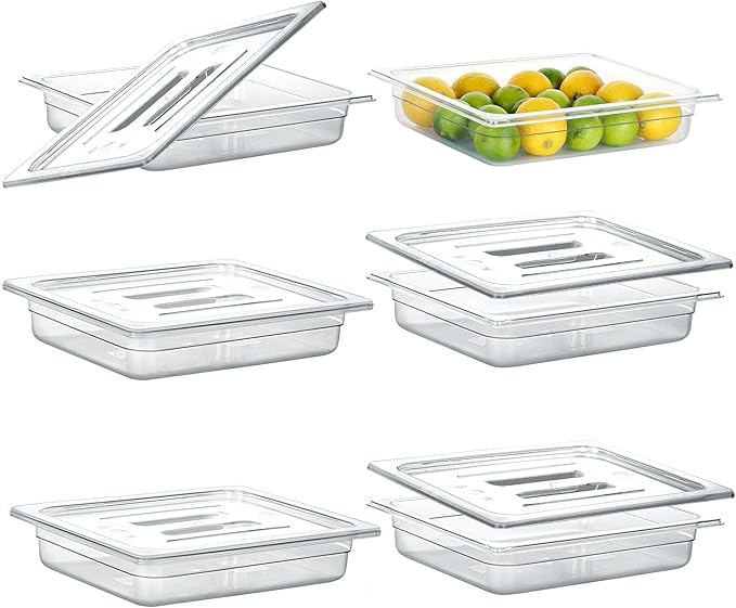 6 Pack NSF Food Pans with Lids, 1/2 Size 2.6'' Deep Commercial Food Storage Containers, Polycarbonate, Clear
