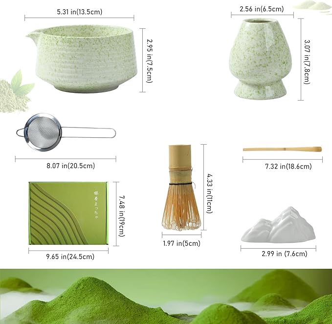 Matcha Whisk Set, Ceramic Matcha Bowl with Spout, Bamboo Whisk, Scoop, Sifter, Holder, Tea Towel, 7-Piece Matcha Kit Set for Making Breakfast/Latte, Square Green, Large, Fusion Style