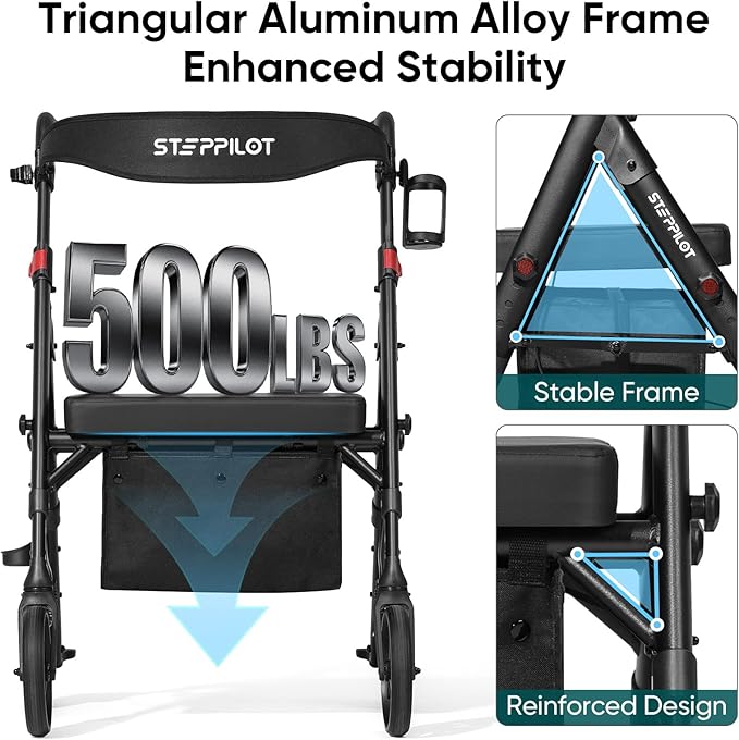 Foldable Aluminum Rollator Walkers with Cushion Seat for Senior, 16lbs Lightweight & 500 lbs Max Load, Adjustable 5-Level Seat Height & 6-Level Handles Height,8" Big Wheels,Dual Braking, Storage Bag