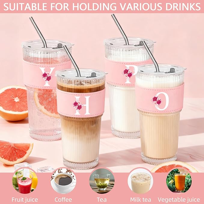 Personalized Gifts for Women,20oz Ribbed Glass Tumbler,Monogrammed Gifts for Women,Birthday Gift,Ice Coffee Mug,Christmas Gift for Mom Sister-H