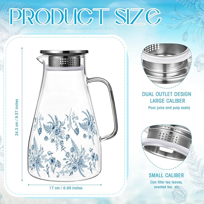 Domensi 74 oz / 2200 ml Glass Pitcher with Lid Water Pitcher with Handles Beverage Water Jar Glass Jug Hot and Cold Resistant Carafe for Tea Juice Milk Coffee Iced Beverage(Retro Flowers)