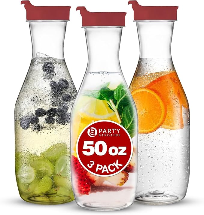 PARTY BARGAINS 50 oz. Plastic Carafe with Lids - Clear, 3 Count, Red Flip Tab Lid Premium Quality & Heavy Duty Plastic Pitcher for Iced Tea, Powdered Juice, Cold Brew, Mimosa Bar Red Cap