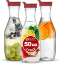 PARTY BARGAINS 50 oz. Plastic Carafe with Lids - Clear, 3 Count, Red Flip Tab Lid Premium Quality & Heavy Duty Plastic Pitcher for Iced Tea, Powdered Juice, Cold Brew, Mimosa Bar Red Cap