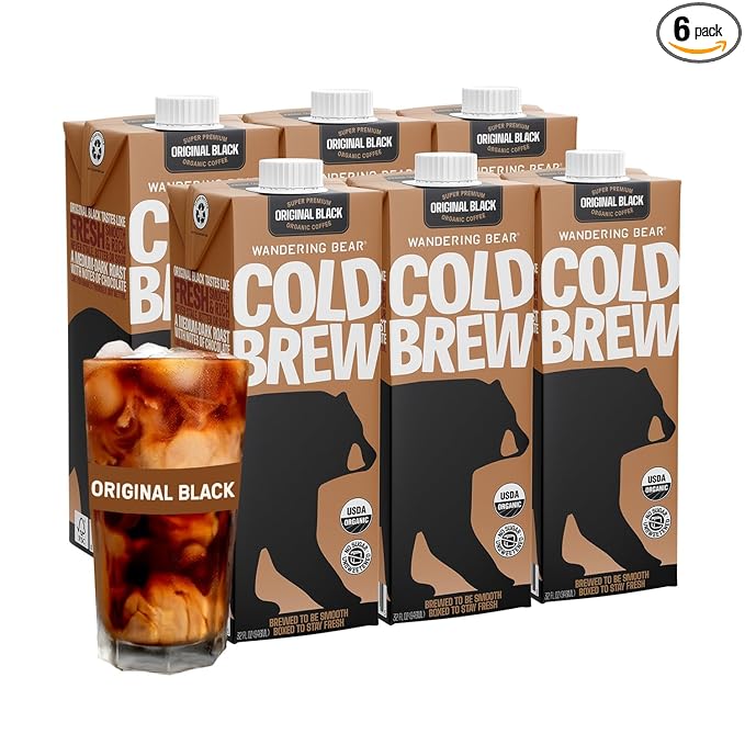 Wandering Bear Straight Black Organic Cold Brew Coffee - Extra Strong, Bold, Smooth, Unsweetened, Shelf-Stable, Ready to Drink, 100% Organic Iced Cold Brewed Coffee Drink - 32 fl oz, 6 pack