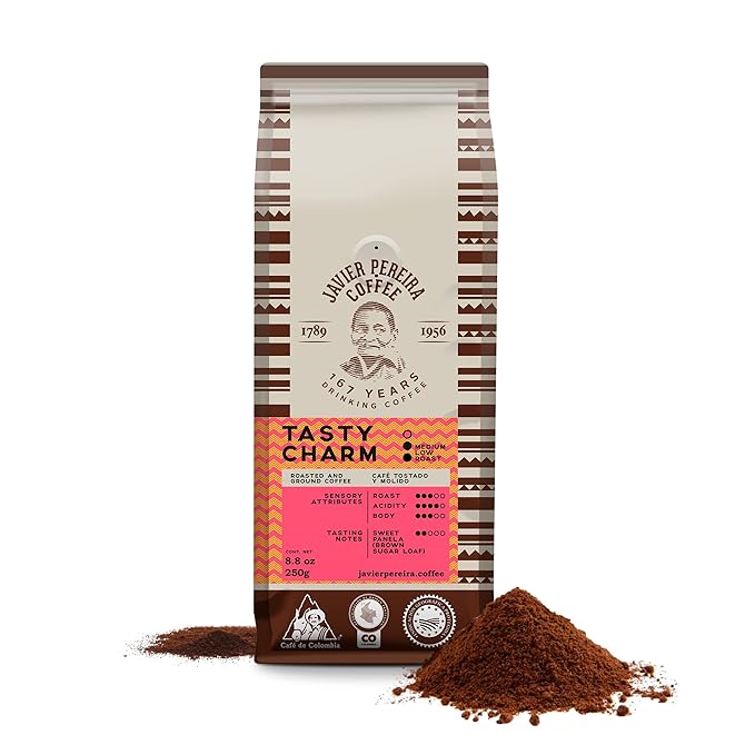 Javier Pereira Coffee - Tasty Charm Colombian Specialty Coffee – Medium Roast Ground – 100% Arabica – Certified Café de Colombia – panela notes - 8.8 Oz