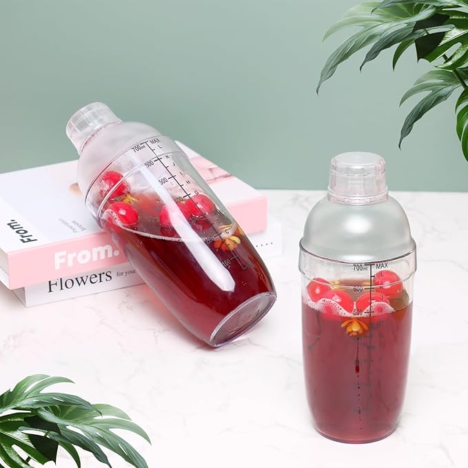 12 Pcs Plastic Cocktail Shaker with Scales and Strainer Top, Clear Drink Mixer Cup with Measurements for Tea, Coffee, Boba, and Milk, with 6 Cocktail Measuring Jiggers(700 Cc/ 24 oz)