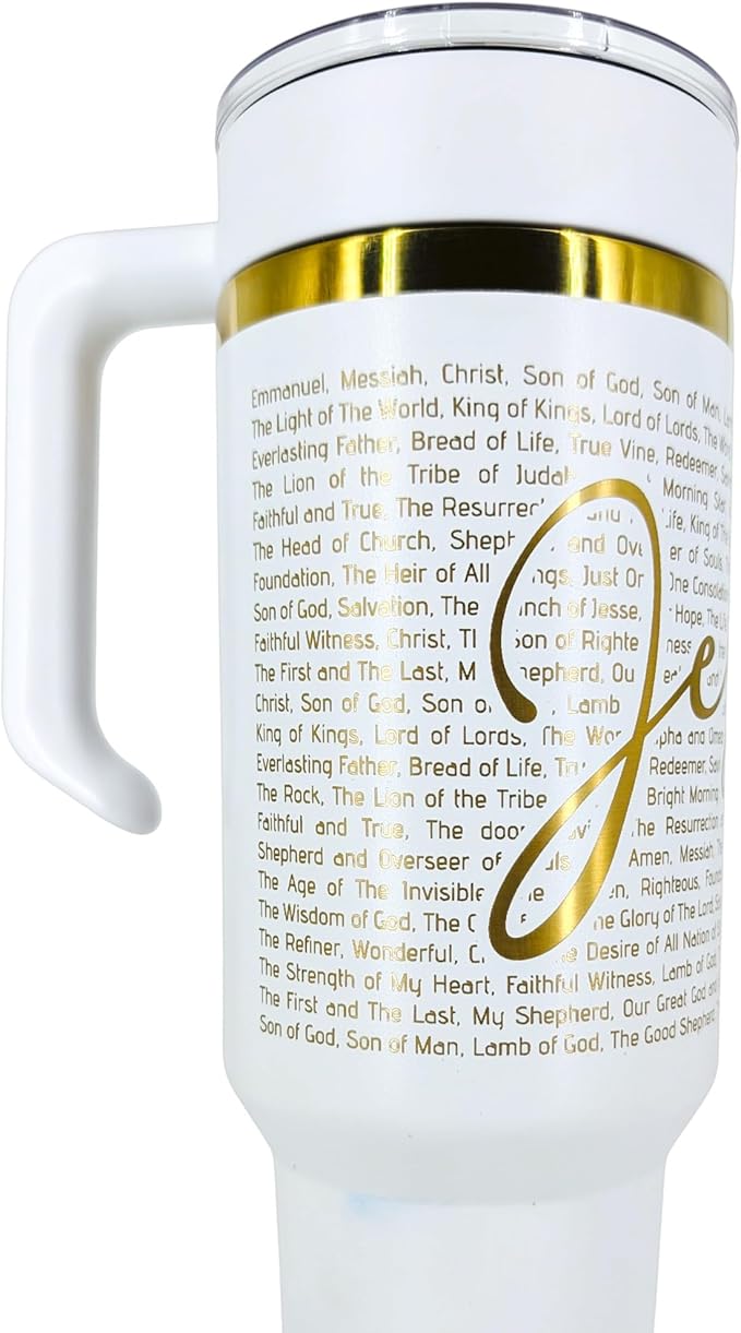 Christian Tumbler 40oz Stainless Steel Insulated Cup with Straw & Handle – Scripture Design Featuring Names of Jesus (Savior, Redeemer, Prince of Peace, Light of the World) (Jesus)
