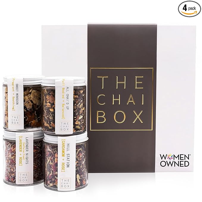 The Chai Box Ultimate Tea Lover's Gift Set - Featured in Oprah's Favorite Things | Caffeinated and Caffeine Free Loose-Leaf Tea Gift Box (Pack of 4) 10 oz | Small Batch Assorted Tea Sampler with Whole, Premium Spices