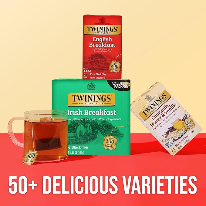 Twinings Irish Breakfast Black Tea Individually Wrapped Bags, 50 Count (Pack of 6), Flavourful, Bold, Robust, Caffeinated, Enjoy Hot or Iced, 300 Teabags