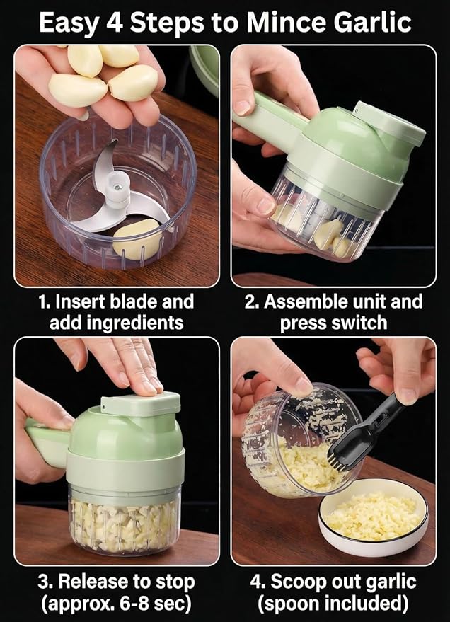 Multi functional vegetable slicers， chili ring and scallion slicer, vegetable slice, ginger, garlic slices, electric wireless food processor, portable charging device