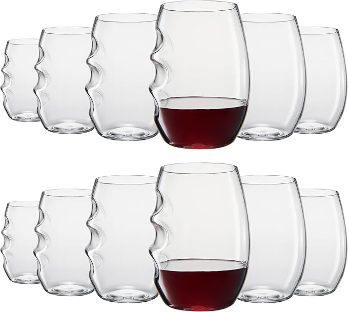 Unbreakable European Plastic Crystal, Stemless Wine Glasses | Set of 12, 13.5 OZ | Acrylic Tritan Set with 3-Finger Indentations - Clear Short Tumbler Set, BPA Free, Reusable, Naturally Aerates Wine
