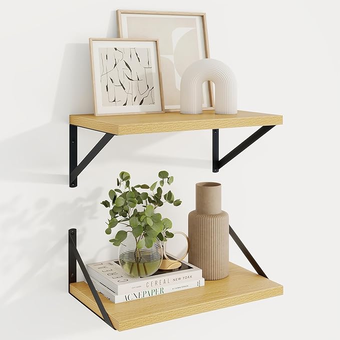 Axeman Deep Floating Shelves for Wall - 10 Inch Deep Floating Shelves Set of 2-16" W x 10" D Oak Wall Shelves for Living Room Bathroom Bedroom