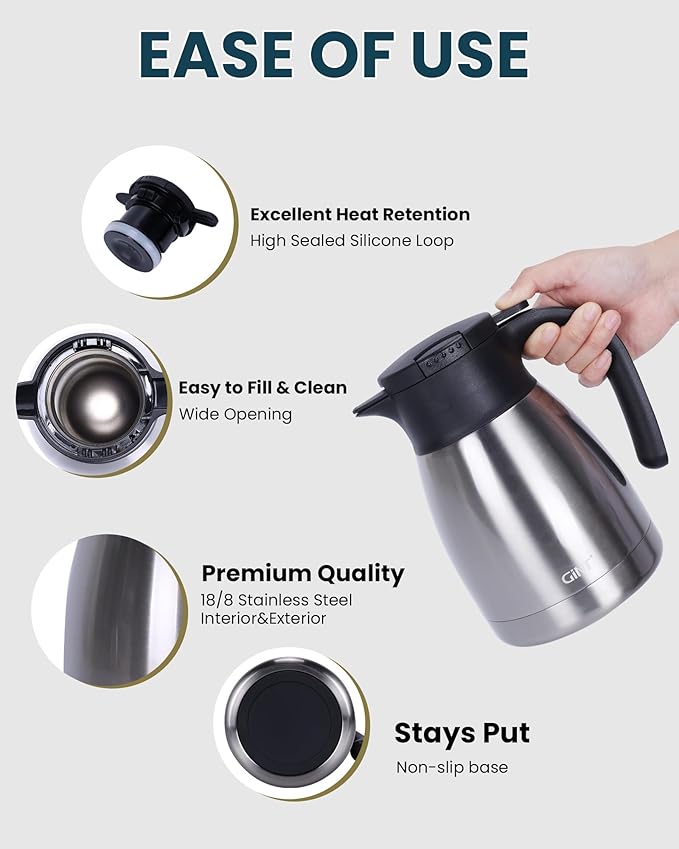 GiNT 34Oz Thermal Coffee Carafe, Insulated Stainless Steel Coffee Carafes for Keeping Hot/Double Walled Vacuum Coffee Carafe (Silver, 1L)