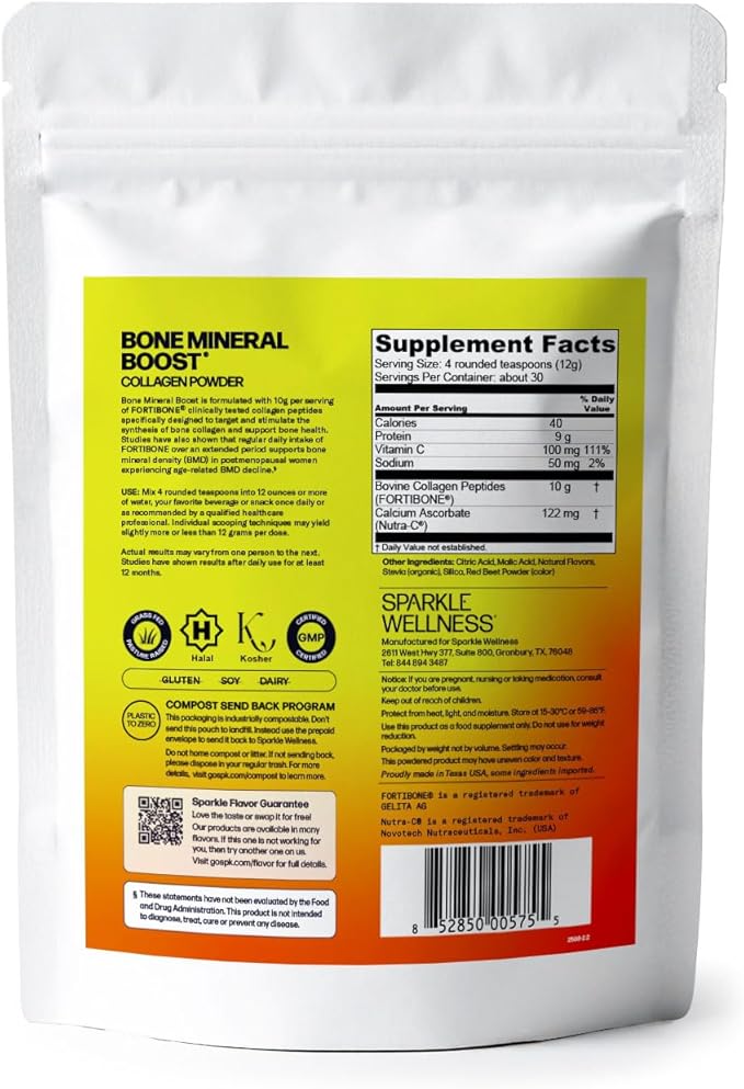 Sparkle Wellness Bone Mineral Boost (Mixed Berry) [30 Serves] | Collagen Powder Supplement | FORTIBONE Bioactive Collagen Peptides and Buffered Vitamin C Nutra C | Bone Supplements