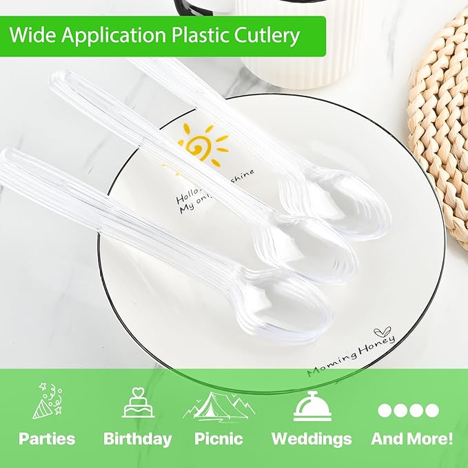 Long Clear Plastic Spoons, 100Pcs Disposable Spoons Heavy Duty Teaspoons 9 Inch Long Handle Spoon for Stirring Ice Cream Milkshakes Stirring Cocktails and Tall Iced Beverages Party Supplies