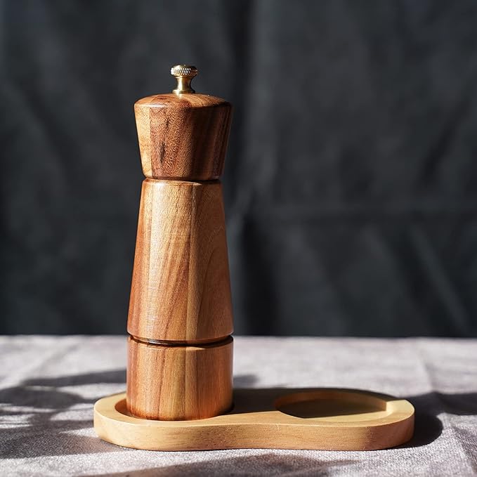 Pepper Grinder, Pepper Mill with Adjustable Stainless Steel, Acacia Wood, 16.5 cm Height, Bottom Dia: 5 cm, Upper Dia: 4.5 cm (Tray is NOT Included)