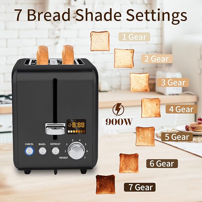 SEEDEEM Toaster 2 Slice, Stainless Steel Toaster LCD Display, 7 Bread Shade Setting, 1.4'' Wide Slots, Bagel/Defrost/Reheat Functions, Removable Crumb Tray, 900W, Dark Chocolate