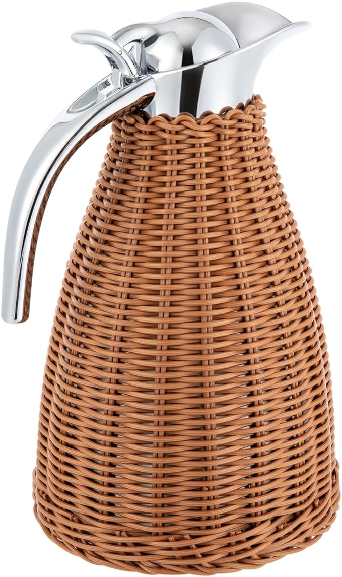 Stainless Steel Coffee Thermal Jug 1.5L/0.4 Gal Rattan Thermal Jug Double Walled Vacuum Insualted Jug with Handmade Rattan Body for Hot Liquids Keeping Hot with Silicone Lid for Home Coffee Shop