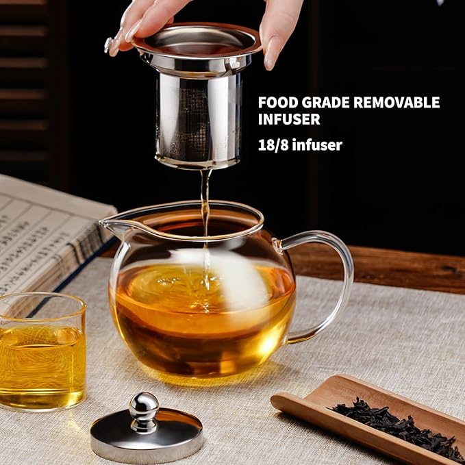 PARACITY Glass Teapot Stovetop 34OZ/1000ml, Tea pot with Removable 18/8 Stainless Steel Infuser, Borosilicate Clear Tea Kettle, Teapot Blooming and Loose Leaf Tea Maker Tea Brewer for Camping, Travel