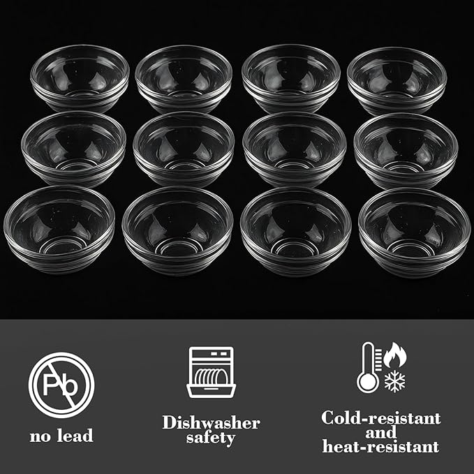 12 Pack Small Glass Bowls Mini Glass Prep Bowls - 1.5oz Small Ramekins for Condiments,clear glass ingredient bowls,Dipping Sauces, Kitchen multipurpose mini seasoning dishes