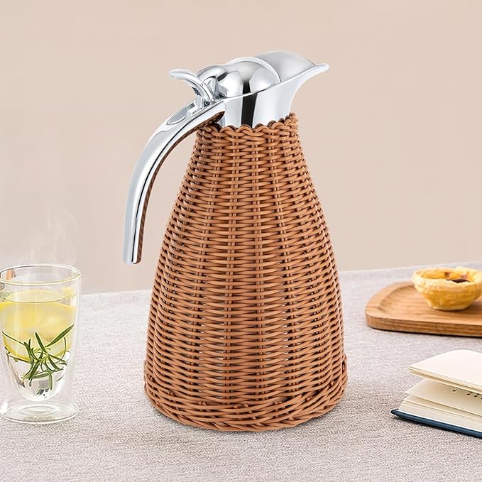 Stainless Steel Coffee Thermal Jug 1.5L/0.4 Gal Rattan Thermal Jug Double Walled Vacuum Insualted Jug with Handmade Rattan Body for Hot Liquids Keeping Hot with Silicone Lid for Home Coffee Shop