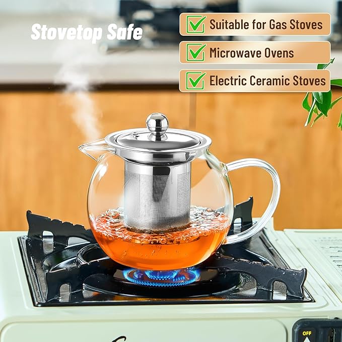 Glass Teapot Stovetop 22 OZ/650ml, Tea pot with Removable 18/8 Stainless Steel Infuser, Borosilicate Clear Tea Kettle, Teapot Blooming and Loose Leaf Tea Maker Tea Brewer for Camping, Travel