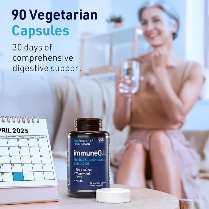 AgeImmune ImmuneG.I. Wormwood Black Walnut Clove Neem Fulvic Acid- Intestinal Cleanse Formula Doctor Formulated to Support Gut Health and Detox - No Stearates, No Dioxides – 90 Capsules