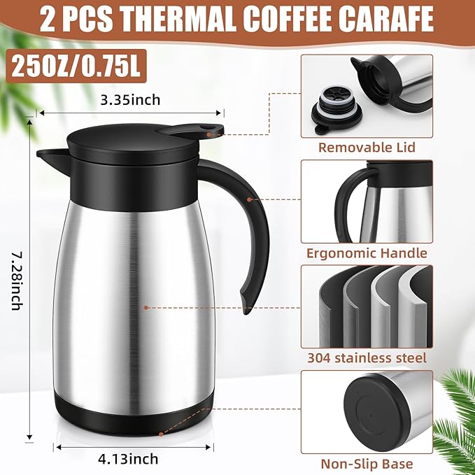 Uiifan 2 Pcs 25 Oz Thermal Coffee Carafe Stainless Steel Insulated Vacuum Coffee Carafes Double Walled Vacuum Thermal Pot Flask with Brushes for Keeping Cold Hot Tea Water Milk Home Office (Silver)