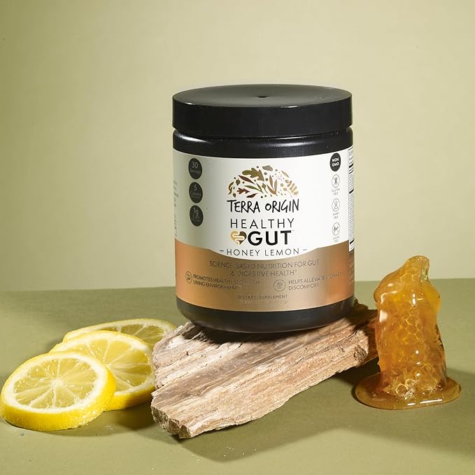 TERRA ORIGIN Healthy Gut Powder (Honey Lemon) | 30-Servings with L-Glutamine, Zinc, Glucosamine, Slippery Elm Bark and More!