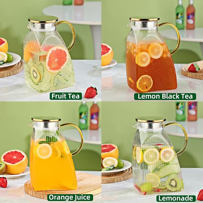 Glass Pitcher with Lid 1.8L, Borosilicate Glass Water Jug for Refrigerator Door, Hot & Cold Beverages, Leak-Proof Stainless Steel Lid with 2 Filter Holes for Iced Tea, Juice, Coffee, Milk