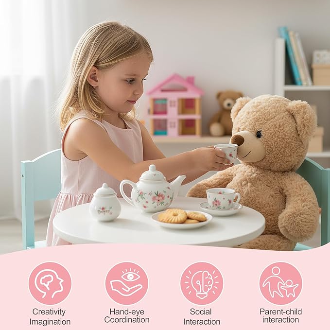 Porcelain Tea Set for Toddlers, Tea Party Set for Little Girls, Pink Floral Teapot Cup Saucer Carry Case, Princess Party Pretend Play Kids Toys, Toddler Girl Birthday Gifts Age 3 - 8 Years Old