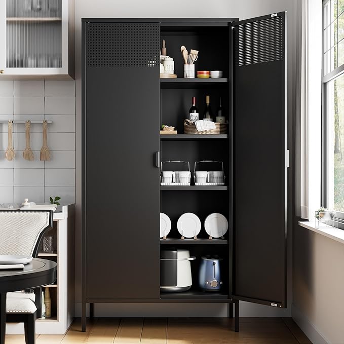 71 inches Black Metal Storage Cabinet with Doors and Shelves, 5 Tier Pantry Cabinet, Metal Cabinet for Home, Office, Dining, Laundry, Living, Bathroom and Utility Use