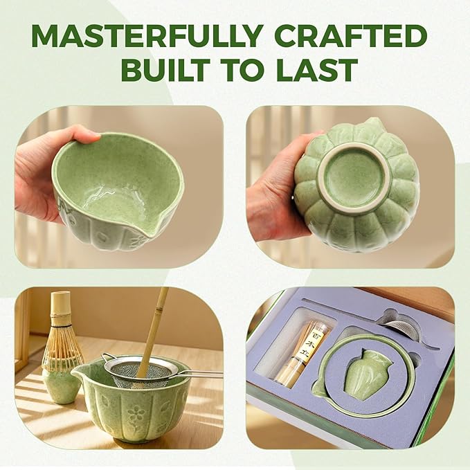 Matcha Whisk Set-5pcs, 16OZ Japanese Tea Set Includes Matcha Bowl with Spout, Bamboo Whisk with Ceramic Holder, Bamboo Scoop and Stainless Steel Sifter