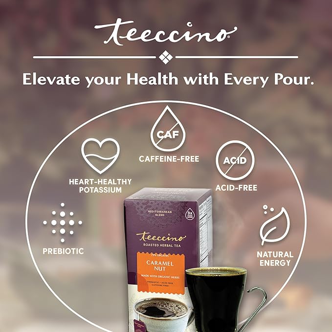 Teeccino Caramel Nut Herbal Tea - Rich & Roasted Herbal Tea That’s Caffeine Free & Prebiotic for Natural Energy, Coffee Alternative, 25 Count