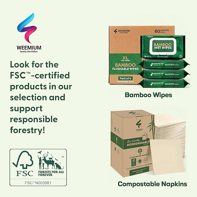 Weemium Compostable Napkins Disposable - FSC Certified - 300 Pack, 2-Ply - 6.5 x 6.5 Inch Folded - Post-Consumer Recycled Material - Biodegradable & Highly Absorbent Paper Napkins for Lunch & Dinner