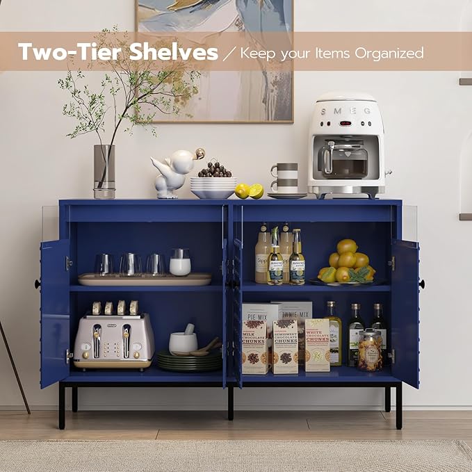 Sideboard Buffet Cabinet 47'' with Storage and Power Outlet, Modern Coffee Bar Accent Cabinet with 4 Doors and Adjustable Shelves, Console Table for Dining Room, Living Room, Kitchen, Navy Blue
