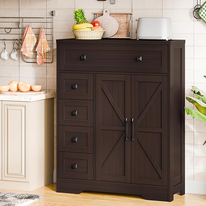 Vabches Farmhouse Storage Cabinet with 2 Doors and 5 Drawers, Freestanding Bathroom Cabinets Kitchen Pantry, Floor Storage Cabinet Hutch Cupboard for Living Room/Bathroom/Kitchen.Espresso