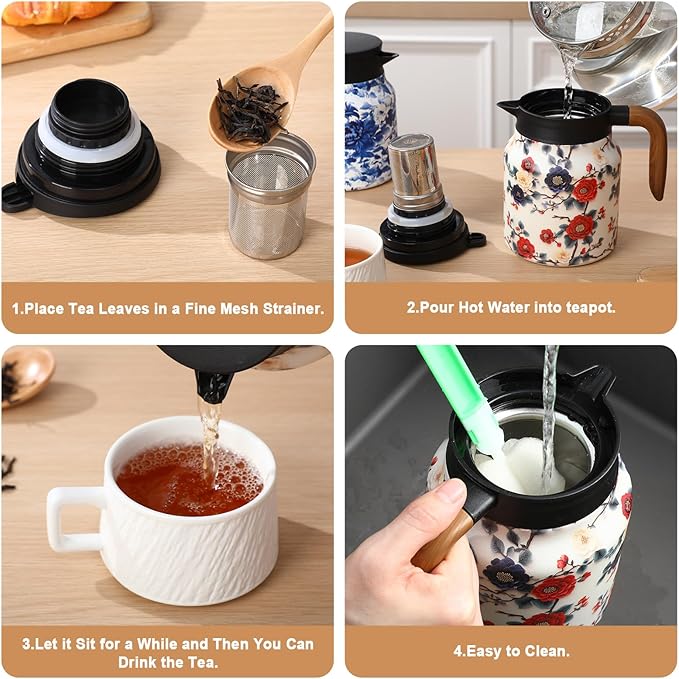 LemonRoad 2 Pcs Vintage Floral Pattern Tea Pot, Vintage Teapot with Infuser, Floral Pattern Tea Pot with Lid, Wooden Handle Thermal Carafe for Hot Drinks Coffee (White, Blue and White Porcelain)