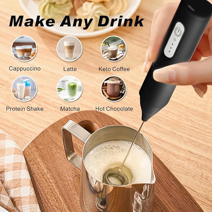 Rechargeable Milk Frother, Handheld Drink Mixer Electric Foam Maker for Coffee with Stainless Steel Whisk ＆ 3 Speeds, USB-C Coffee Frother Wand for Latte, Matcha, Protein Powder, Xmas Gift (Black)